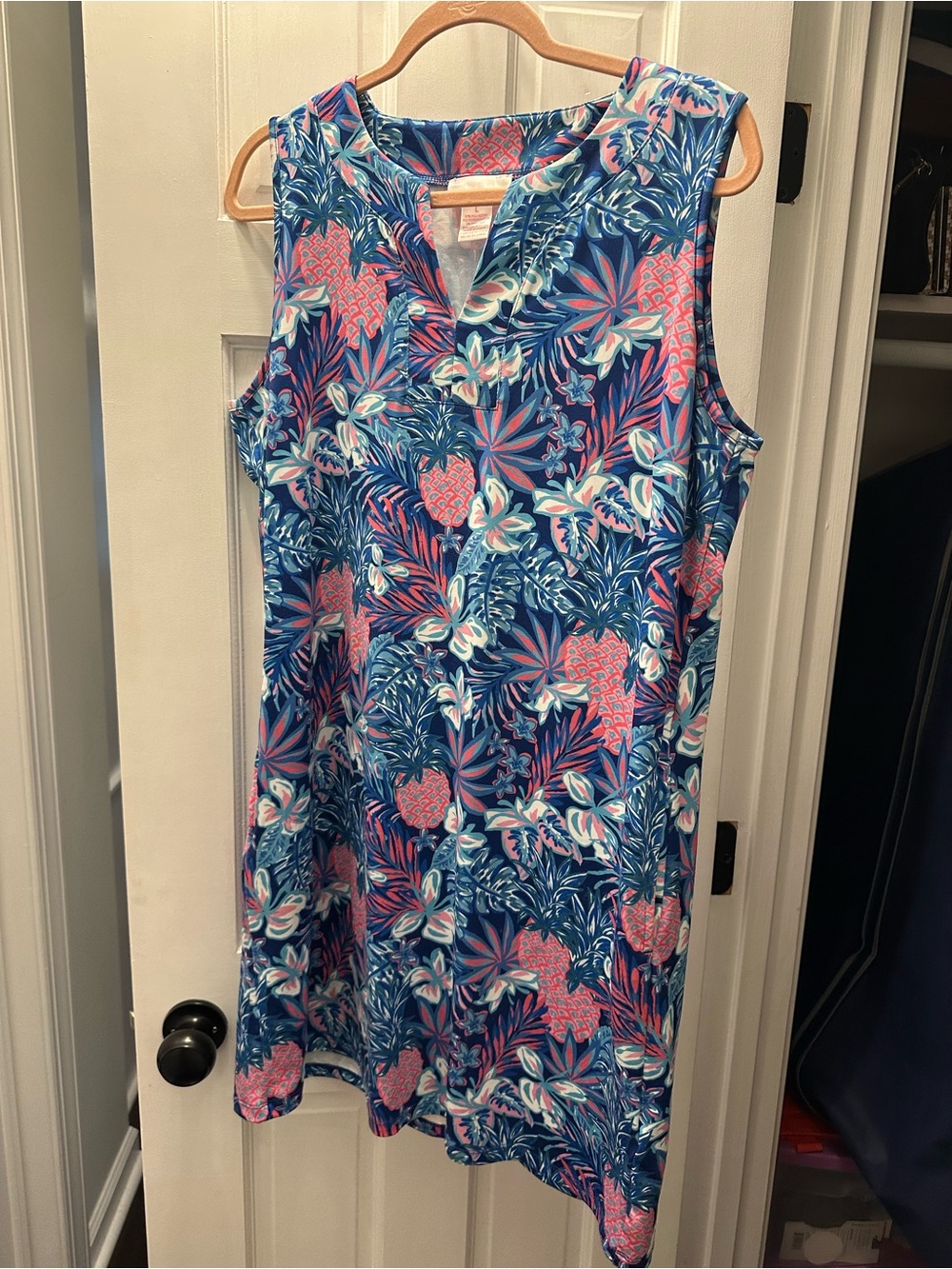 Sleeveless Blue & Pink Tropical Shift Dress